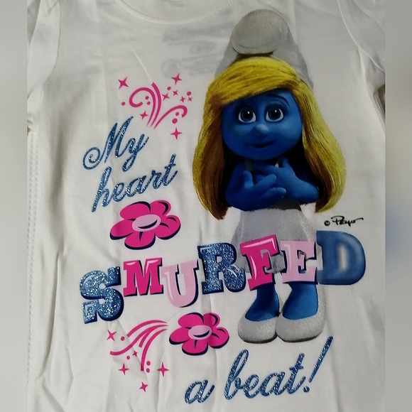 🔥SALE🔥 Smurfs Smurfette "My Heart Smurfed A Beat" Girls Tee NWT Sizes 4, 6, 6X - Picture 2 of 5